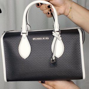 Michael Kors Lacey SM Duffle Bag White Leather Black Trim NWT